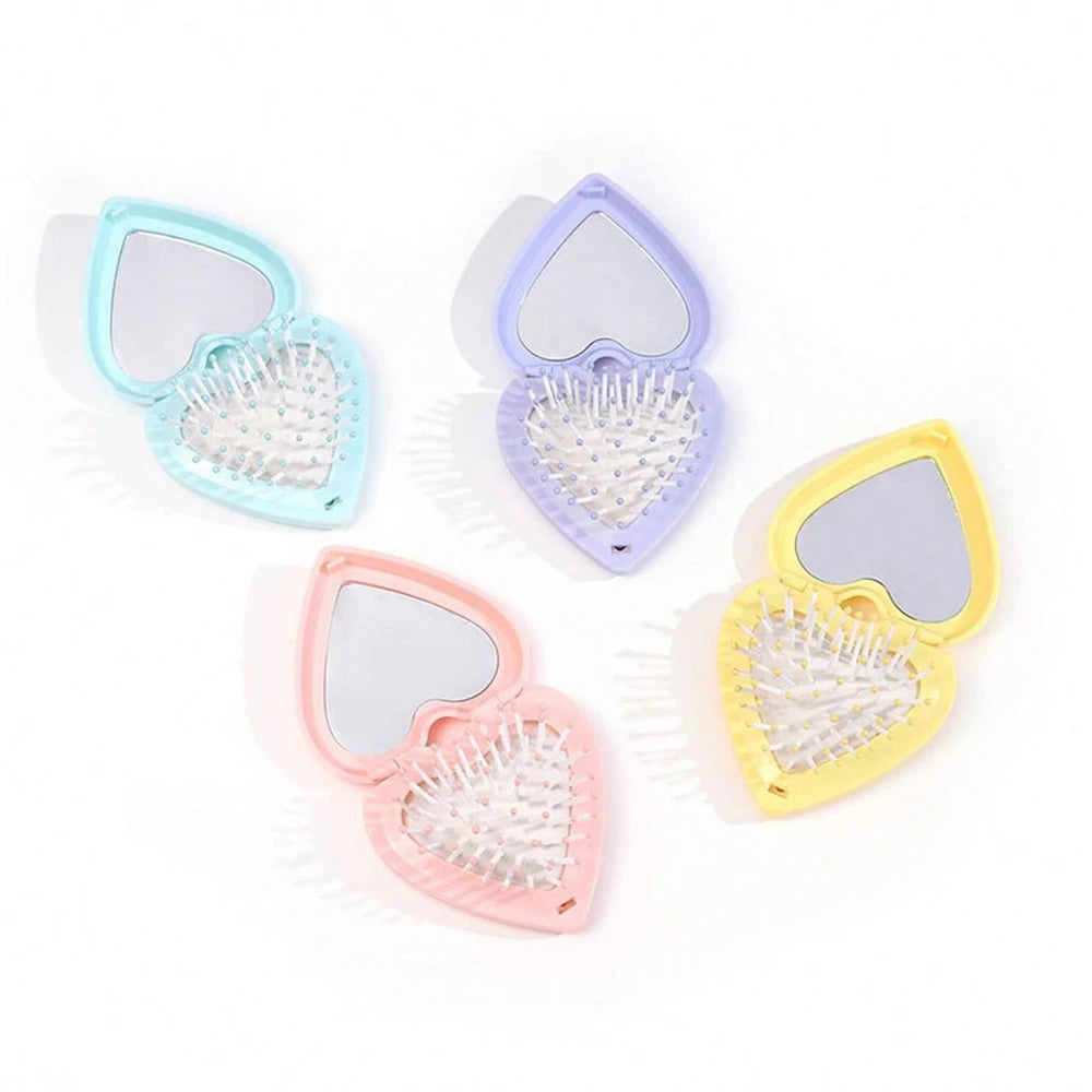 Heart Hair Brush with Mirror 2-In-1 Soft Bristles Scalp Massage Folding Brush Air Cushion Comb Hair Styling Tools