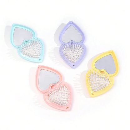 Heart Hair Brush with Mirror 2-In-1 Soft Bristles Scalp Massage Folding Brush Air Cushion Comb Hair Styling Tools