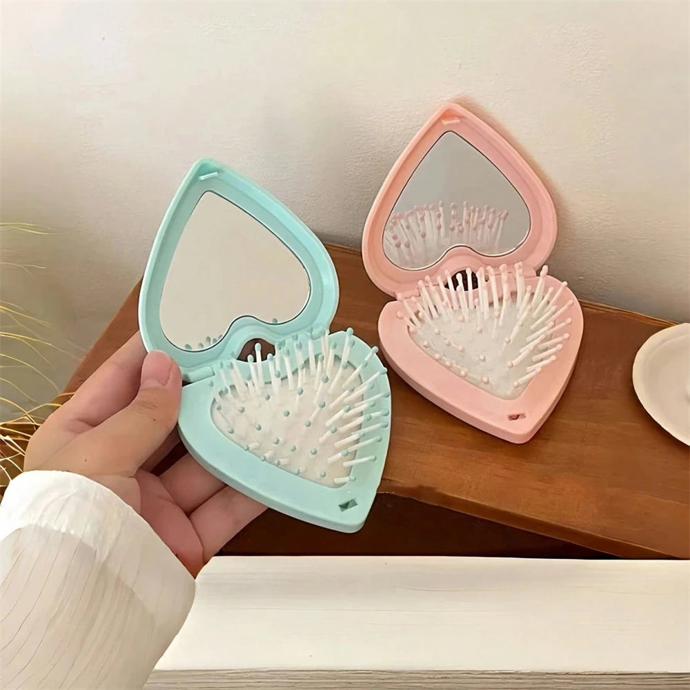 Heart Hair Brush with Mirror 2-In-1 Soft Bristles Scalp Massage Folding Brush Air Cushion Comb Hair Styling Tools