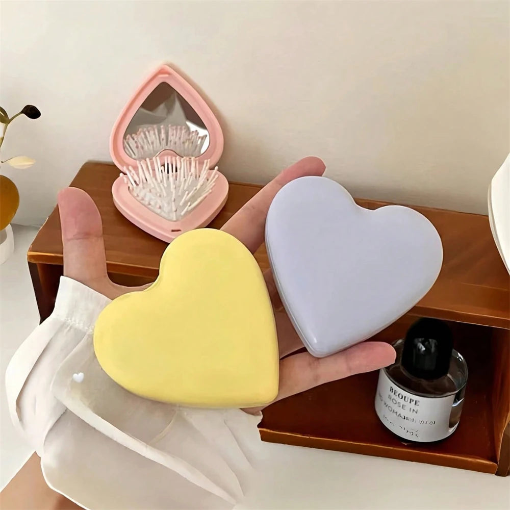 Heart Hair Brush with Mirror 2-In-1 Soft Bristles Scalp Massage Folding Brush Air Cushion Comb Hair Styling Tools