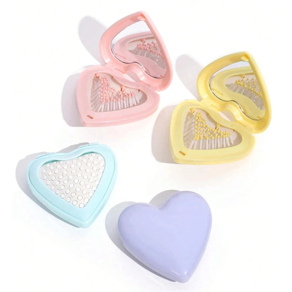 Heart Hair Brush with Mirror 2-In-1 Soft Bristles Scalp Massage Folding Brush Air Cushion Comb Hair Styling Tools