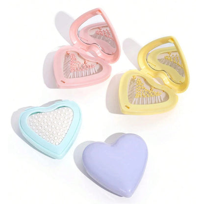 Heart Hair Brush with Mirror 2-In-1 Soft Bristles Scalp Massage Folding Brush Air Cushion Comb Hair Styling Tools