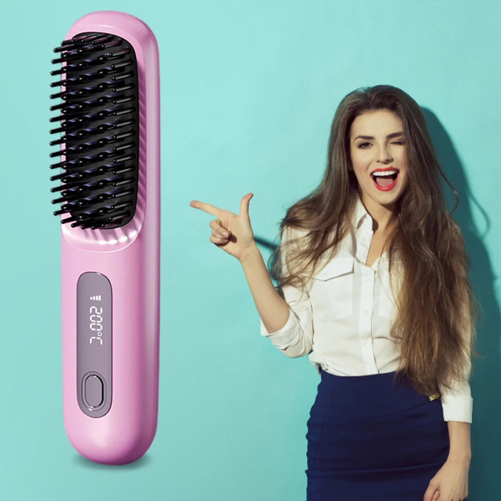 Cordless Hair Straightener Negative Ions Hair Straightener Digital Display Mini Hot Hair Comb Rechargeable for All Hair Types
