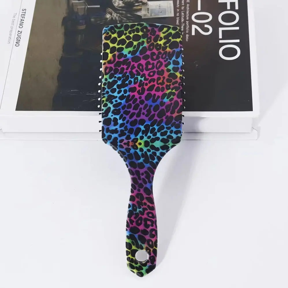 Square air cushion comb with colorful leopard print pattern for styling, easy to carry, designed specifically for real hair wigs